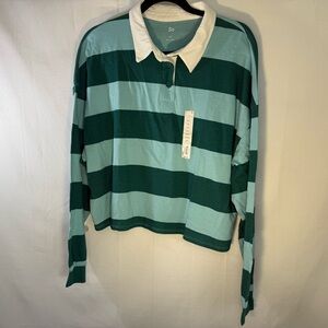 SO Juniors XXL Cropped Polo Shirt Long Sleeve Two Shades of Green Teal Rugby NWT
